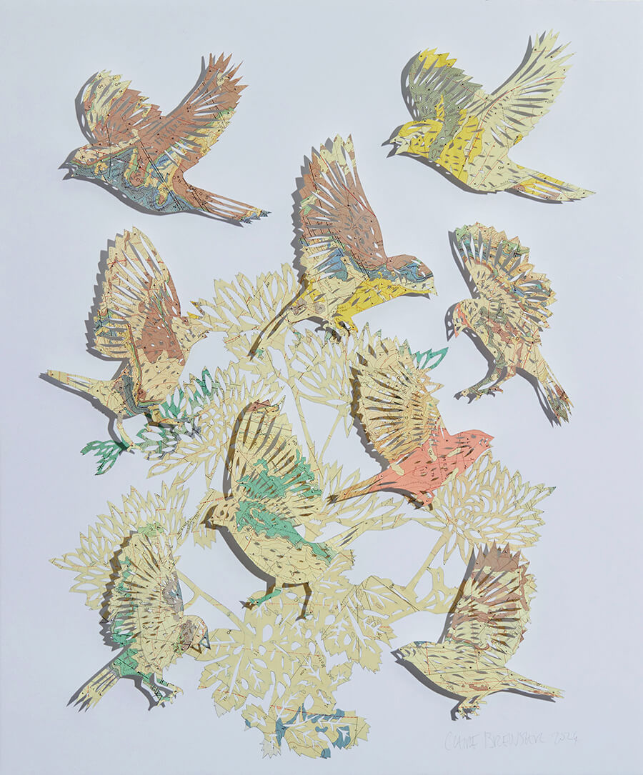 Going For Gold by Claire Brewster. A paper sculpture of birds and foliage hand-cut from a vintage geological map of the Dos Lomas Quadrangle, New Mexico, featuring prominent yellow and gold tones.