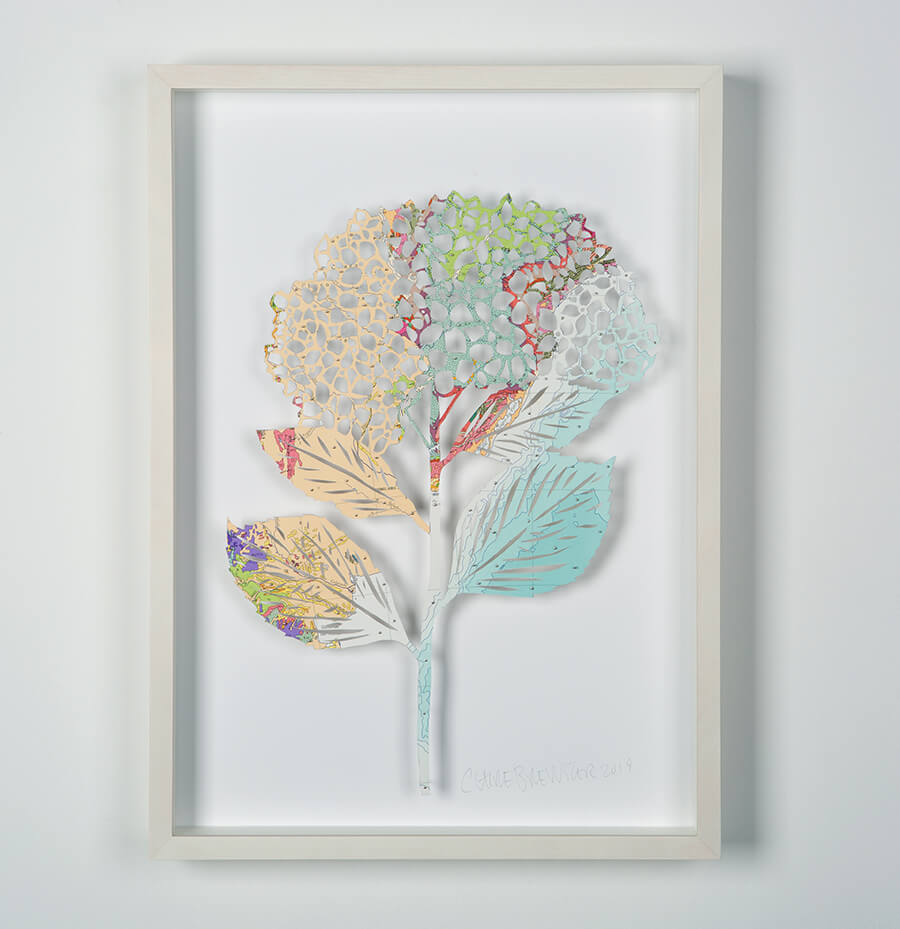Hydrangea - Geological by Claire Brewster. A framed paper sculpture of a hydrangea flower hand-cut from a vintage geological map featuring pastel apricot and mint green tones.